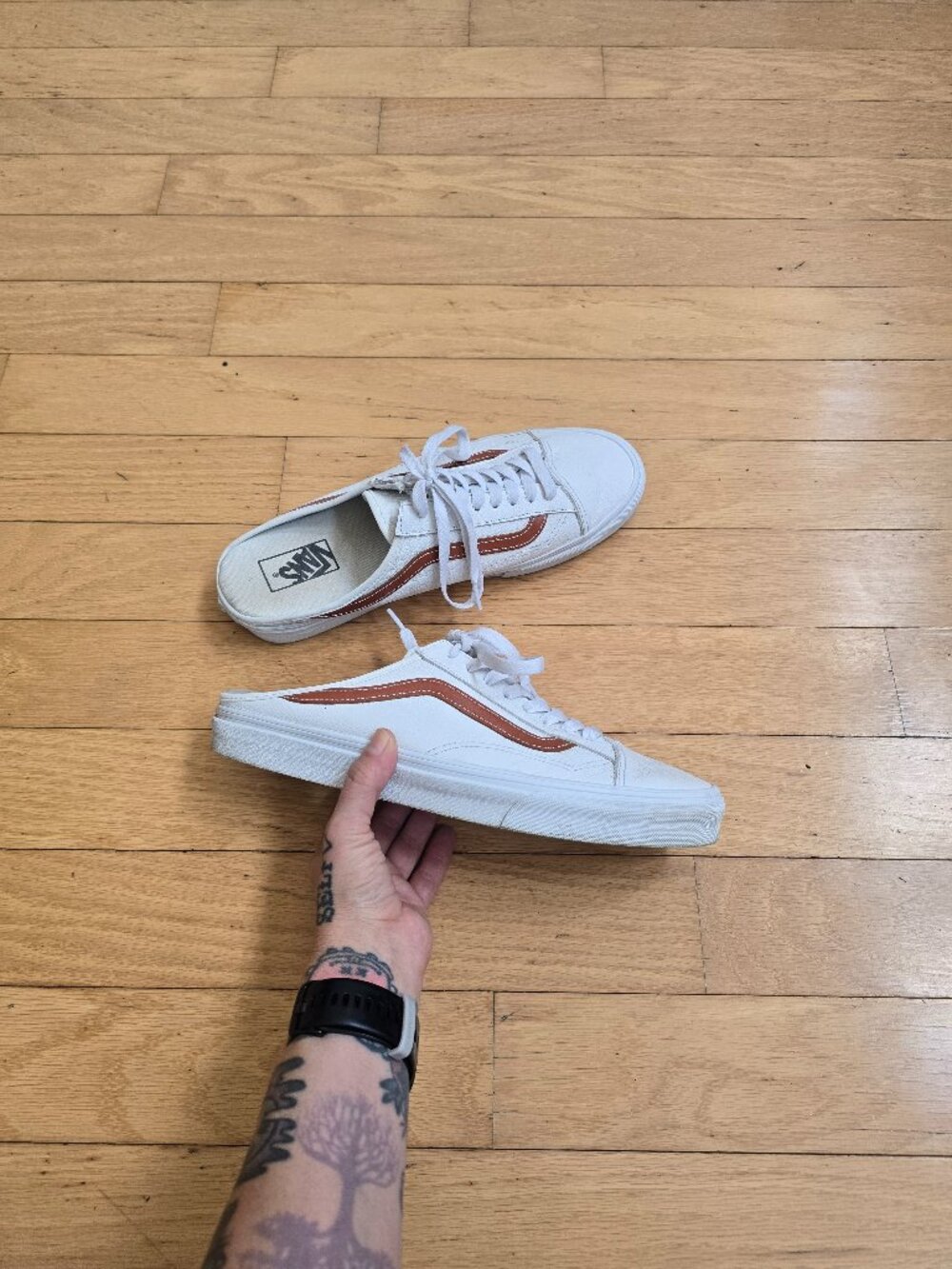 Vans |  Style 36 White Brown Leather Skater Sneaker Mules | WMS 12